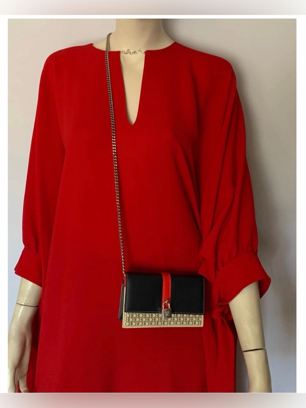 Carolina Herrera authentic Navy, Cream & Red Chain Crossbody Wallet